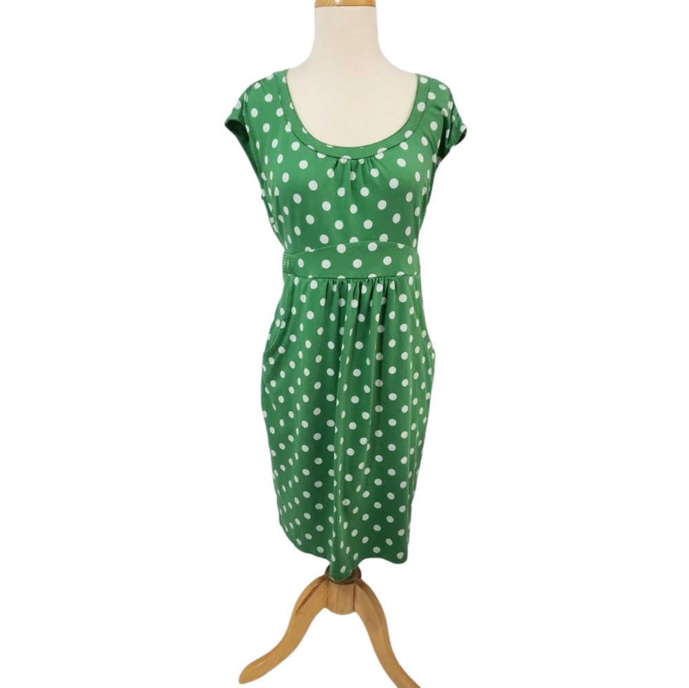 {Boden} Green and White Polka Dot Sleeveless Jersey Knit Dress